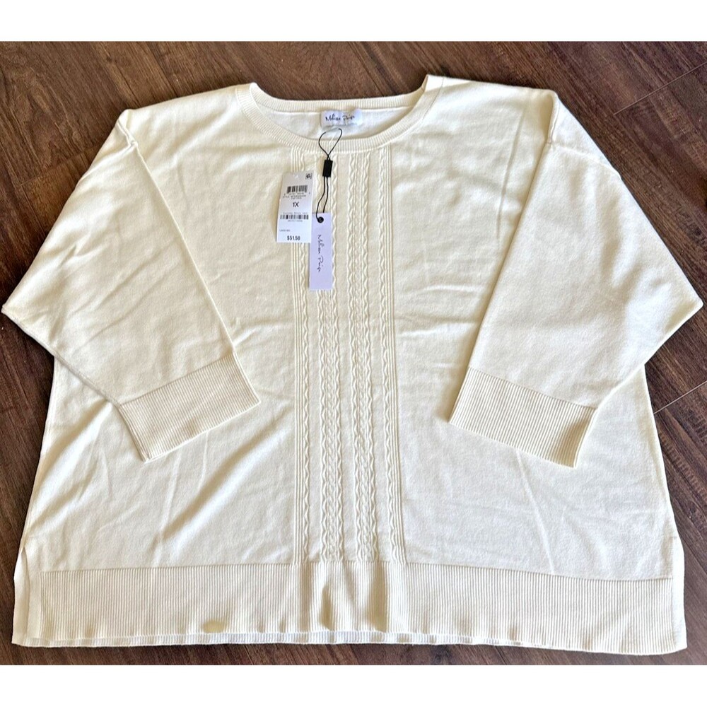 Melissa Paige Plus Size Cable-Knit Dropped-Shoulder 3/4-Sleeve Sweater Beige 1X